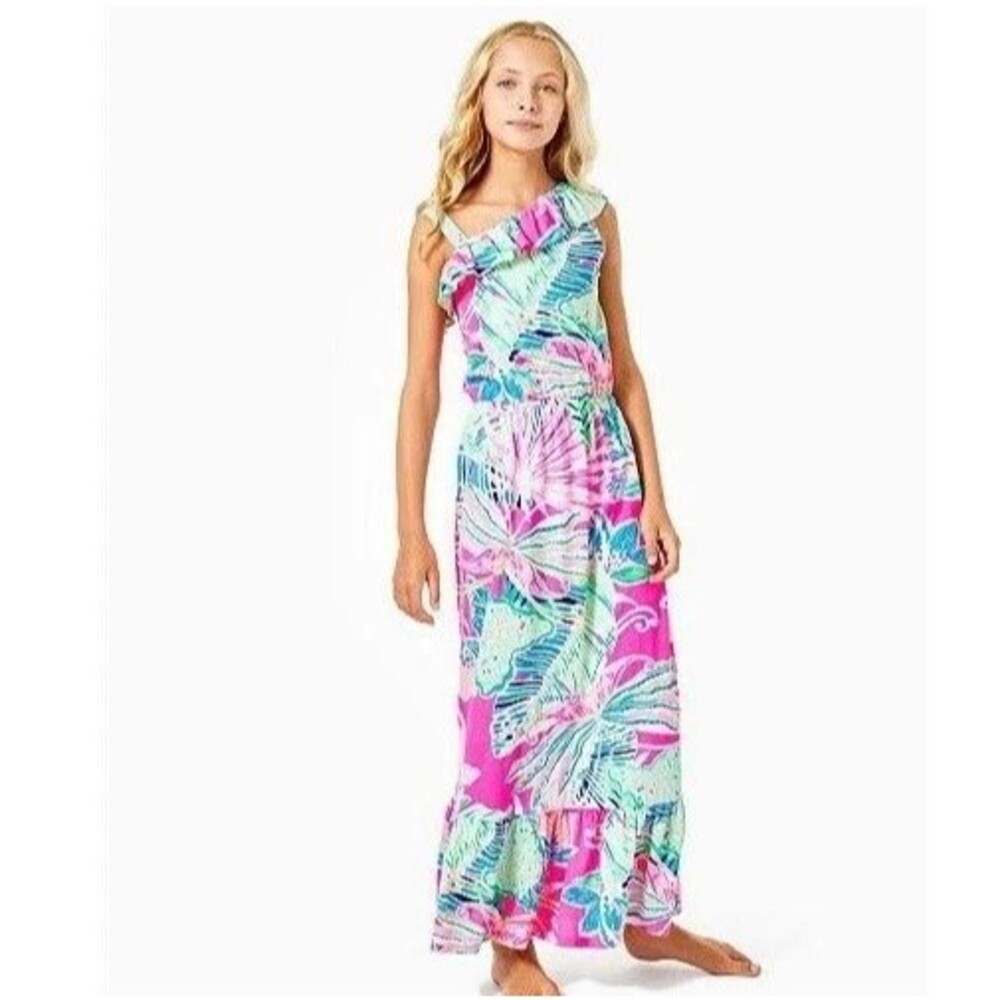 Lilly Pulitzer Octavia Maxi Dress Girls Size L 8-10 Shoulder Ruffle Raz Berry